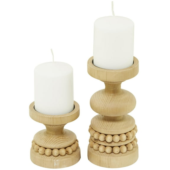 DecMode 2 Candle Brown Wood Beaded Pillar Candle Holder, Set of 2