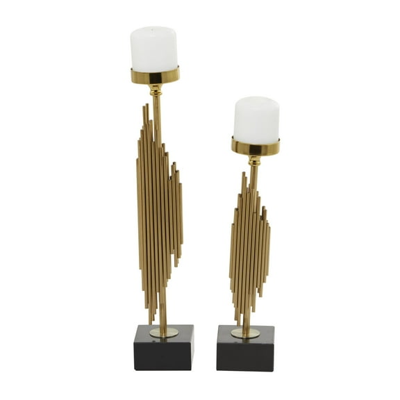 DecMode 2 Candle Gold Stainless Steel Metal Abstract Vertical Pipe Candle Holder with Black Marble Base, Set of 2