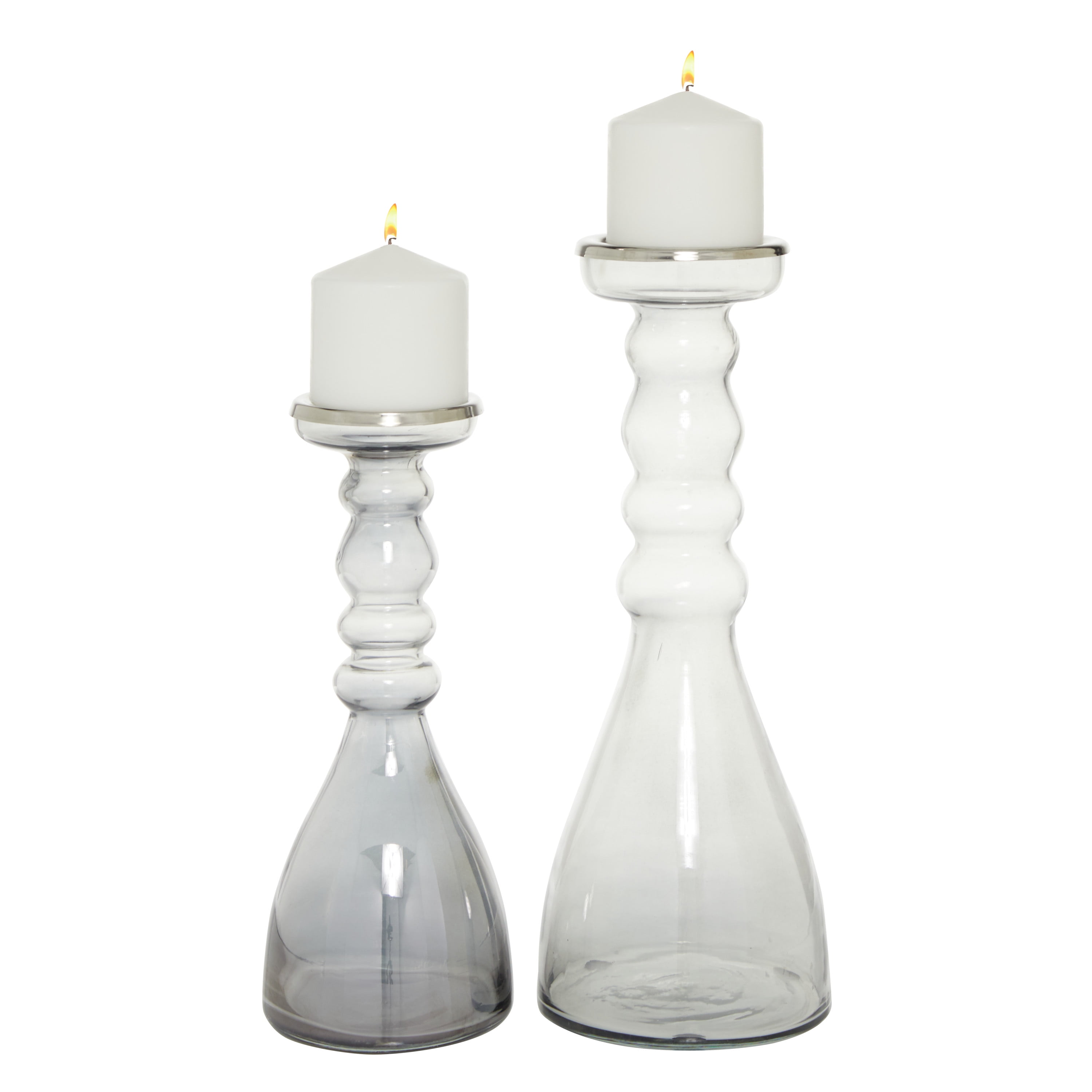 Elegant Gray Glass & Wood Hurricane Candle Holder Set, 14"H