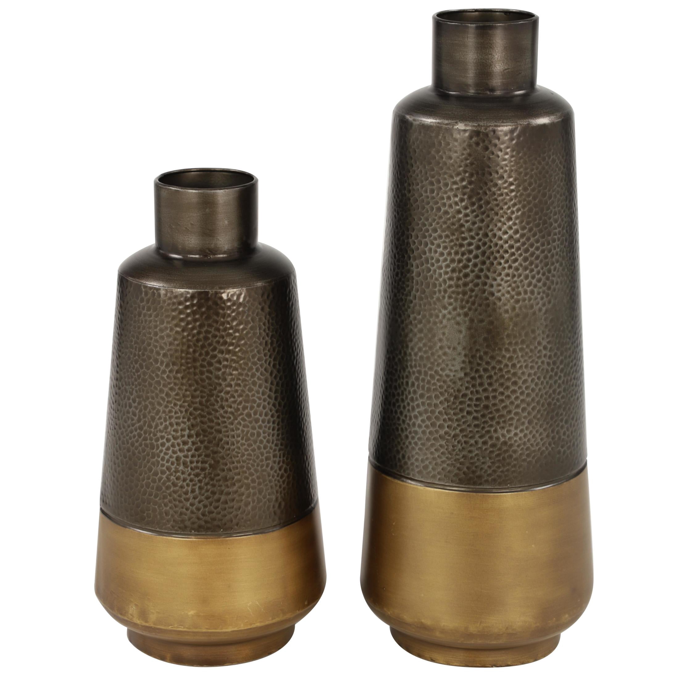 DecMode 20", 15"H Dark Gray Metal Vase with Gold Base, Set of 2