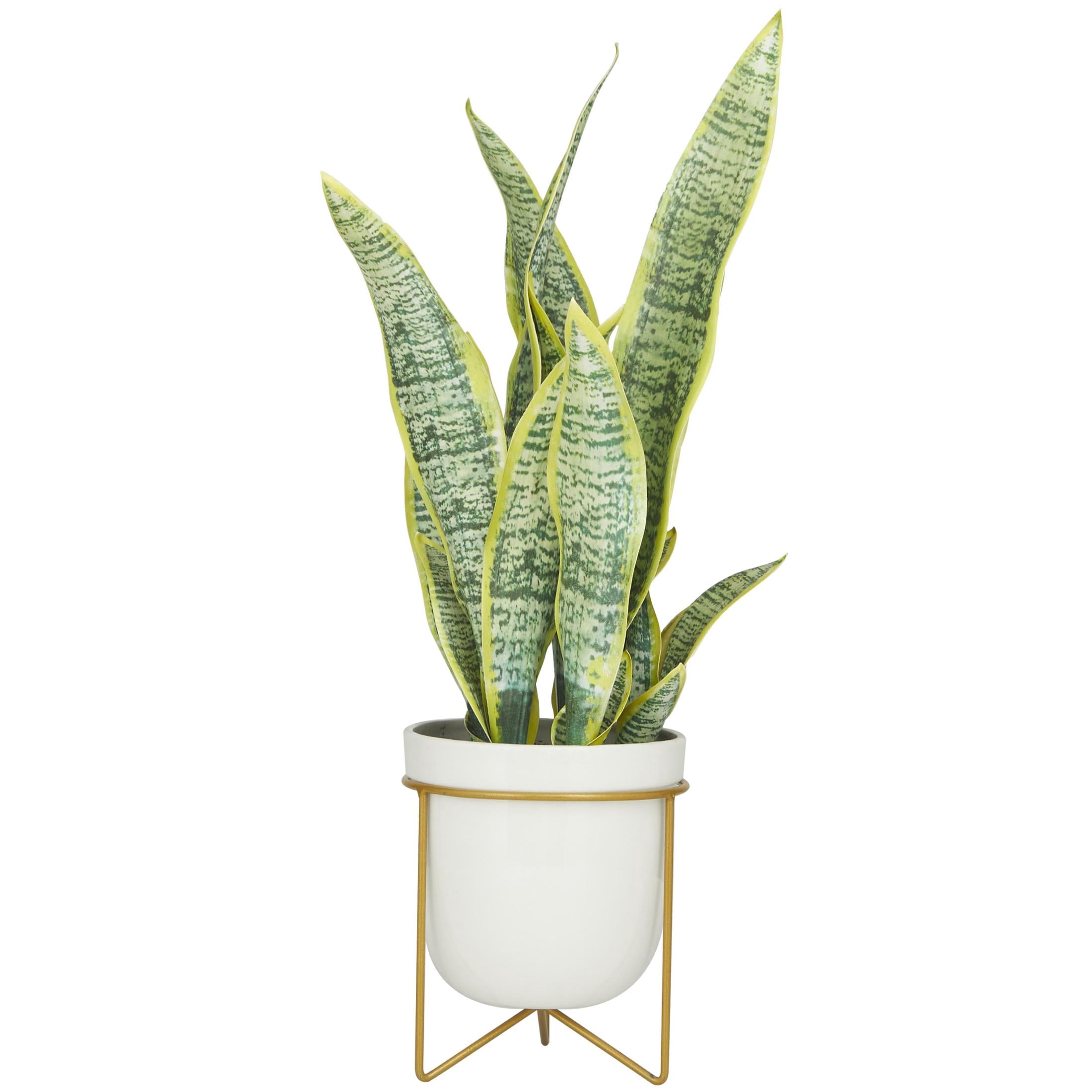 DecMode 25" Artificial Snake Plant in White Porcelain Pot and Gold Stand