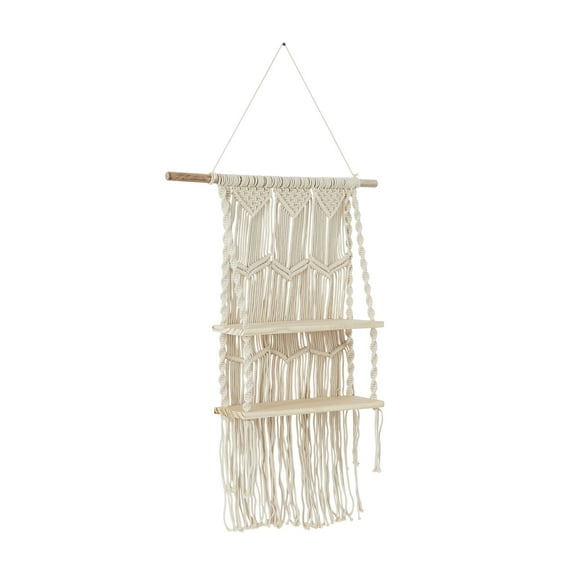 DecMode 25" x 6" Handmade 2-Tier White Macrame Wall Shelf