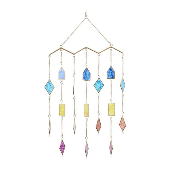DecMode 29" Multi Colored Metal Indoor Outdoor Geometric Windchime with Stained Glass