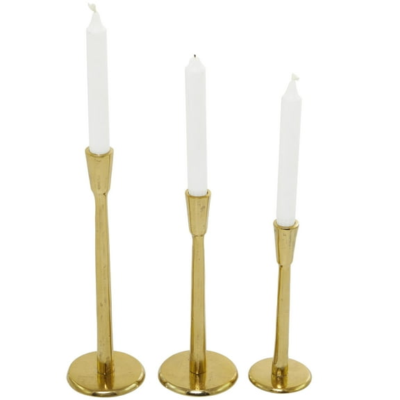 DecMode 3 Candle Gold Aluminum Metal Slim Candle Holder with Round Bases, Set of 3