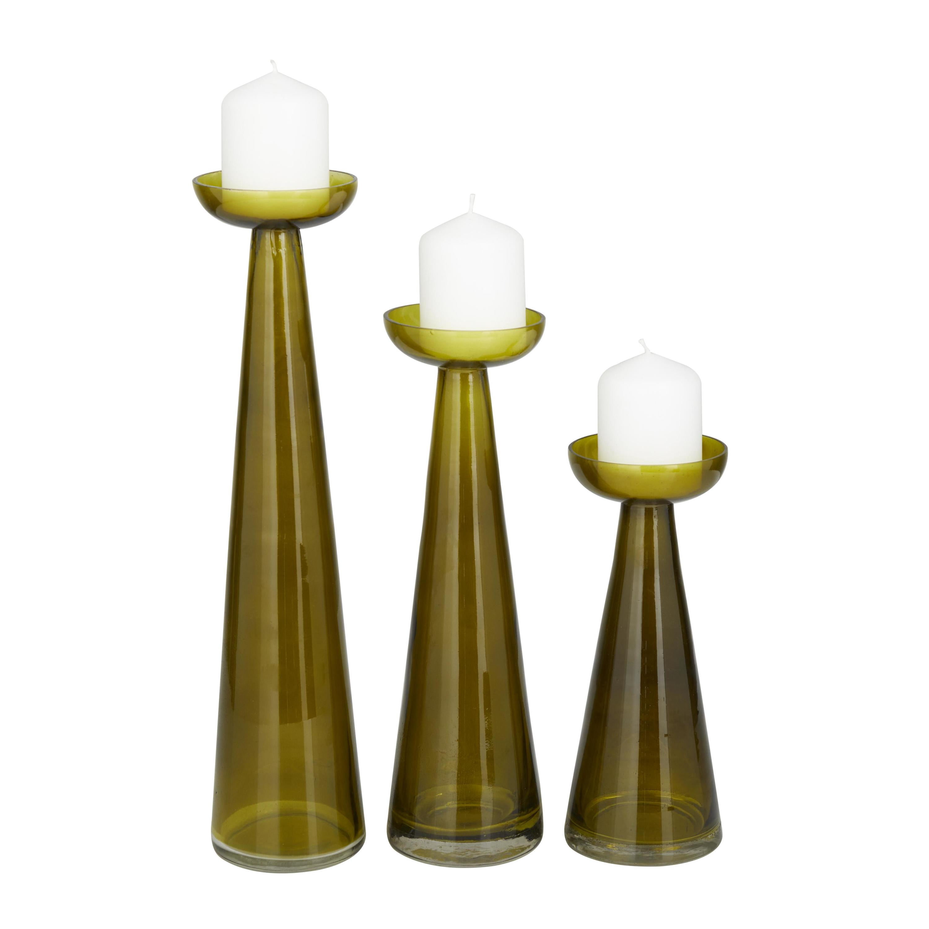 DecMode 3 Candle Green Glass Pillar Candle Holder, Set of 3