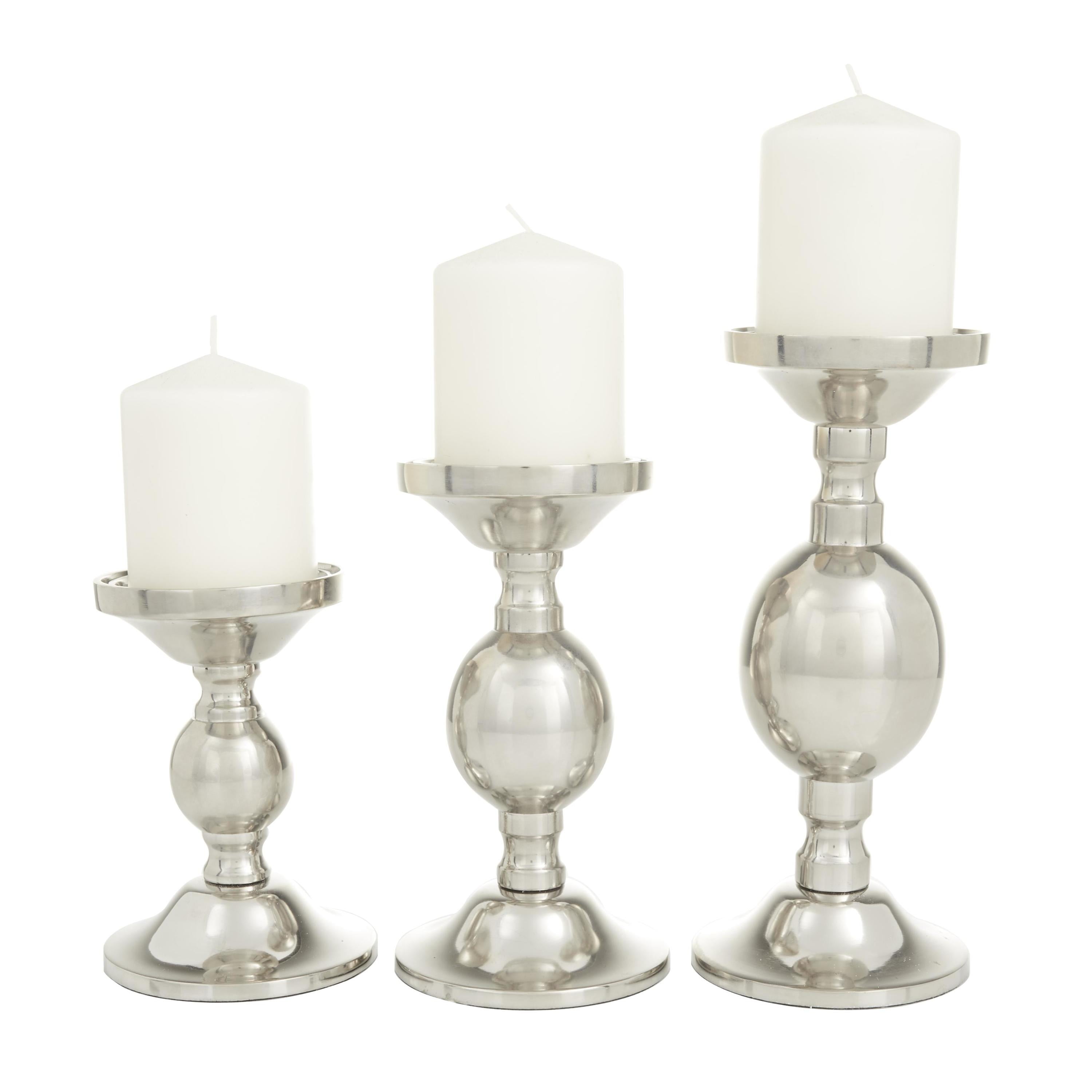 DecMode 3 Candle Silver Aluminum Metal Pillar Candle Holder, Set of 3