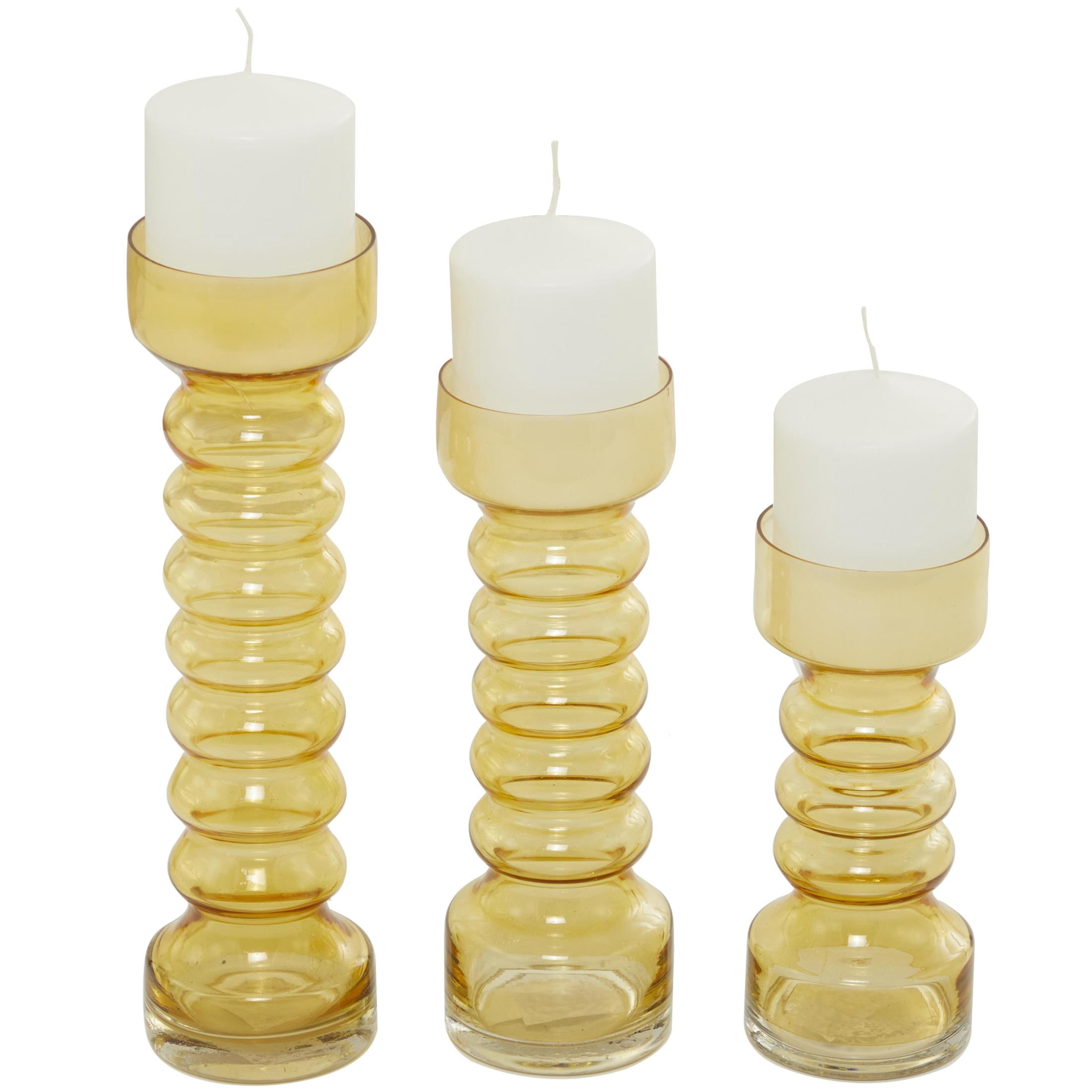 DecMode 3 Candle Yellow Glass Bubble Pillar Candle Holder, Set of 3