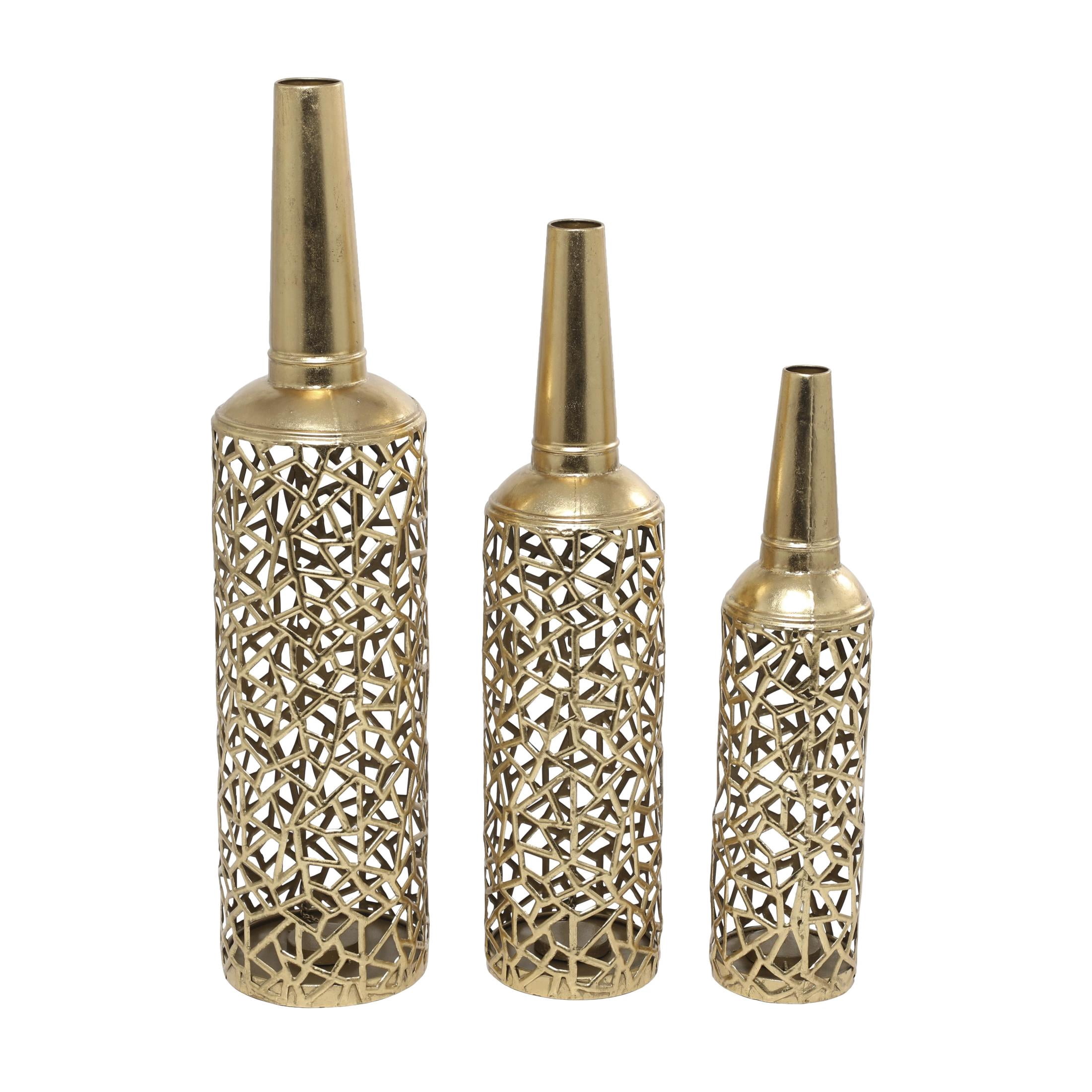 DecMode 30, 25, 21"H Geometric Tall Slim Floor Gold Metal Vase with Open Frame Design, Set of 3