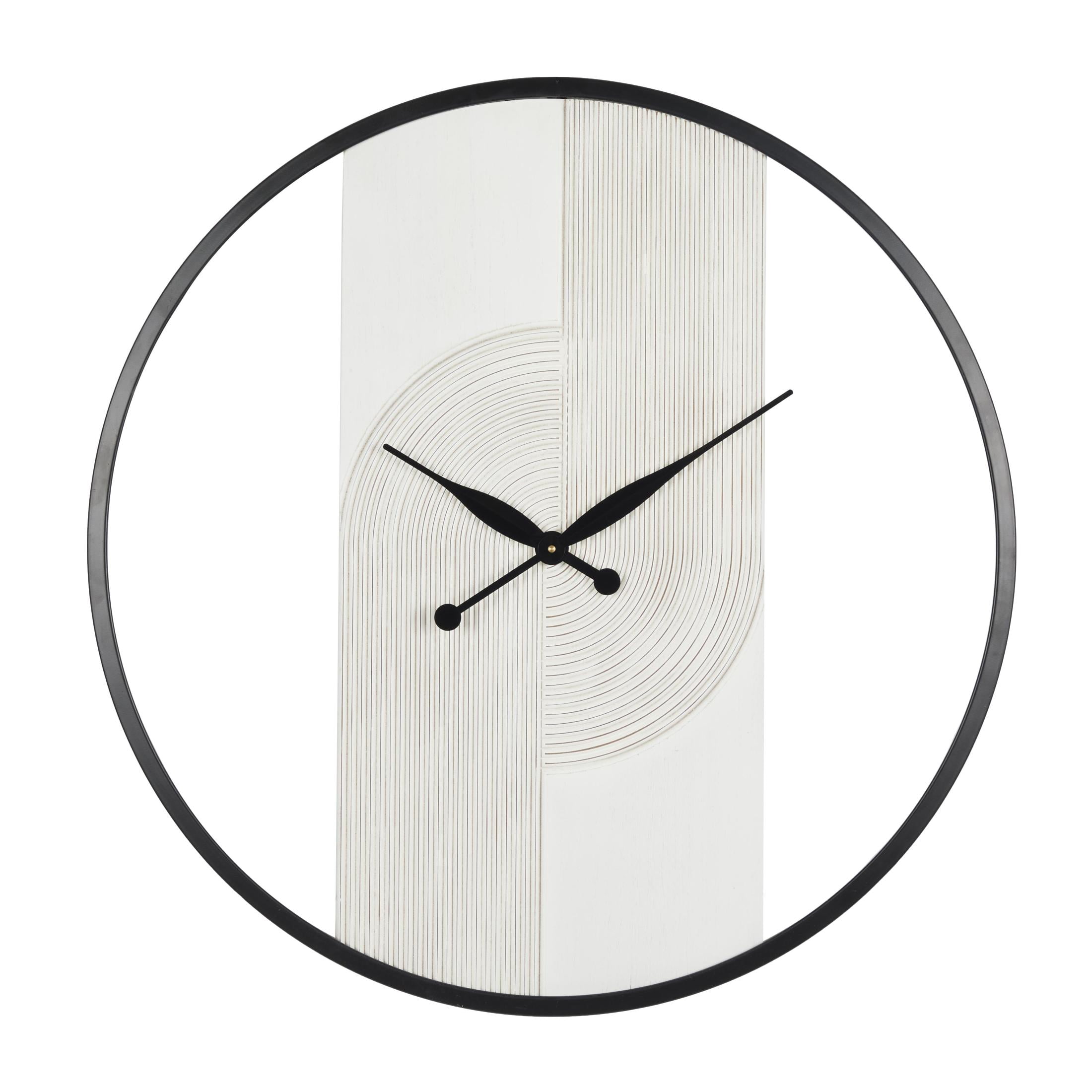 DecMode 30" White Wood Geometric Art Deco Inspired Line Art Wall Clock with Black Accents