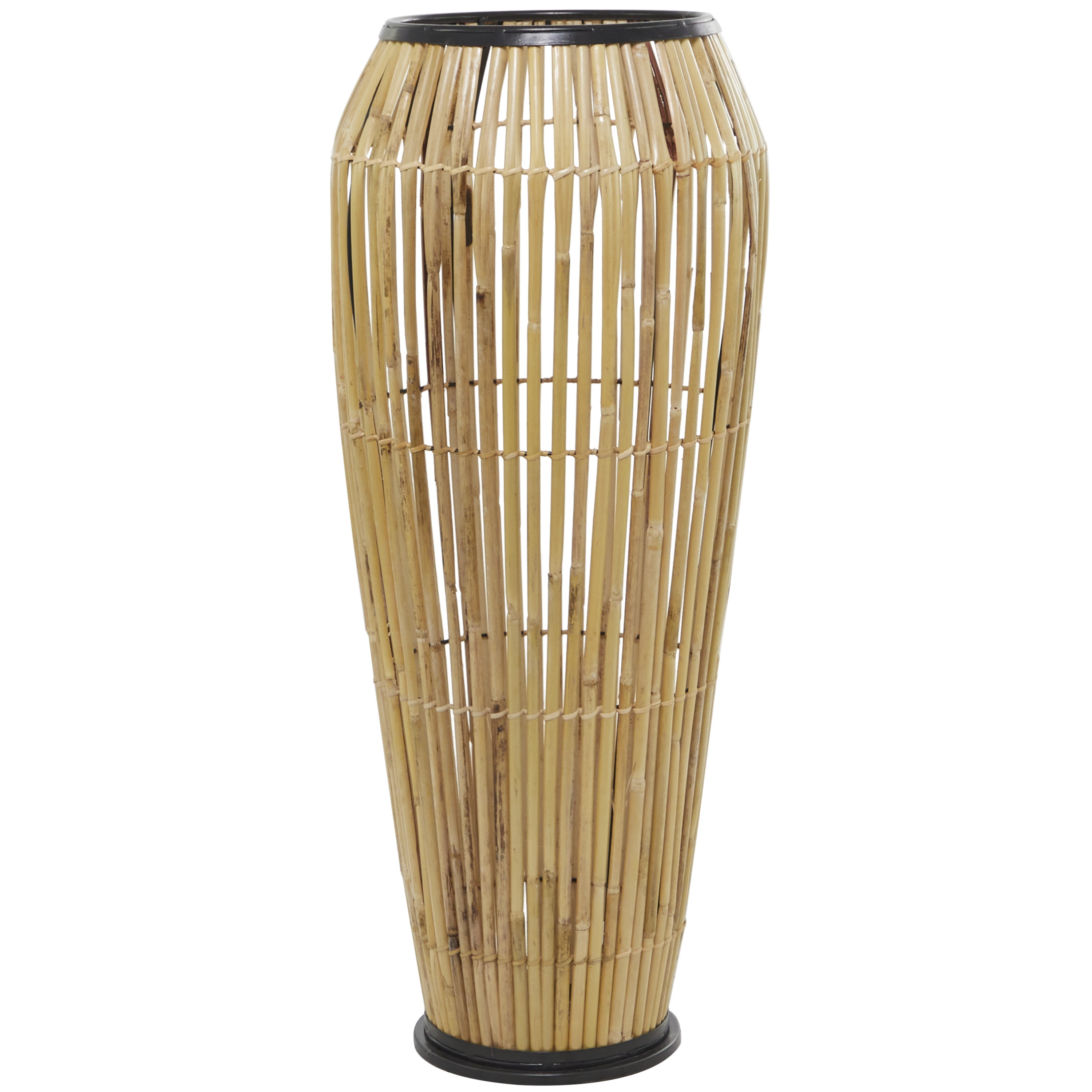 DecMode 34" Handmade Slatted Frame Brown Wicker Vase with Black Metal Accents