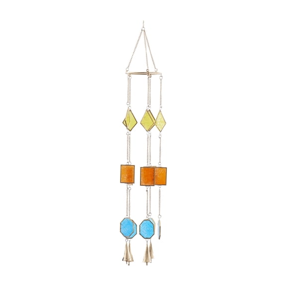DecMode 35" Multi Colored Metal Indoor Outdoor Geometric Windchime with Stained Glass