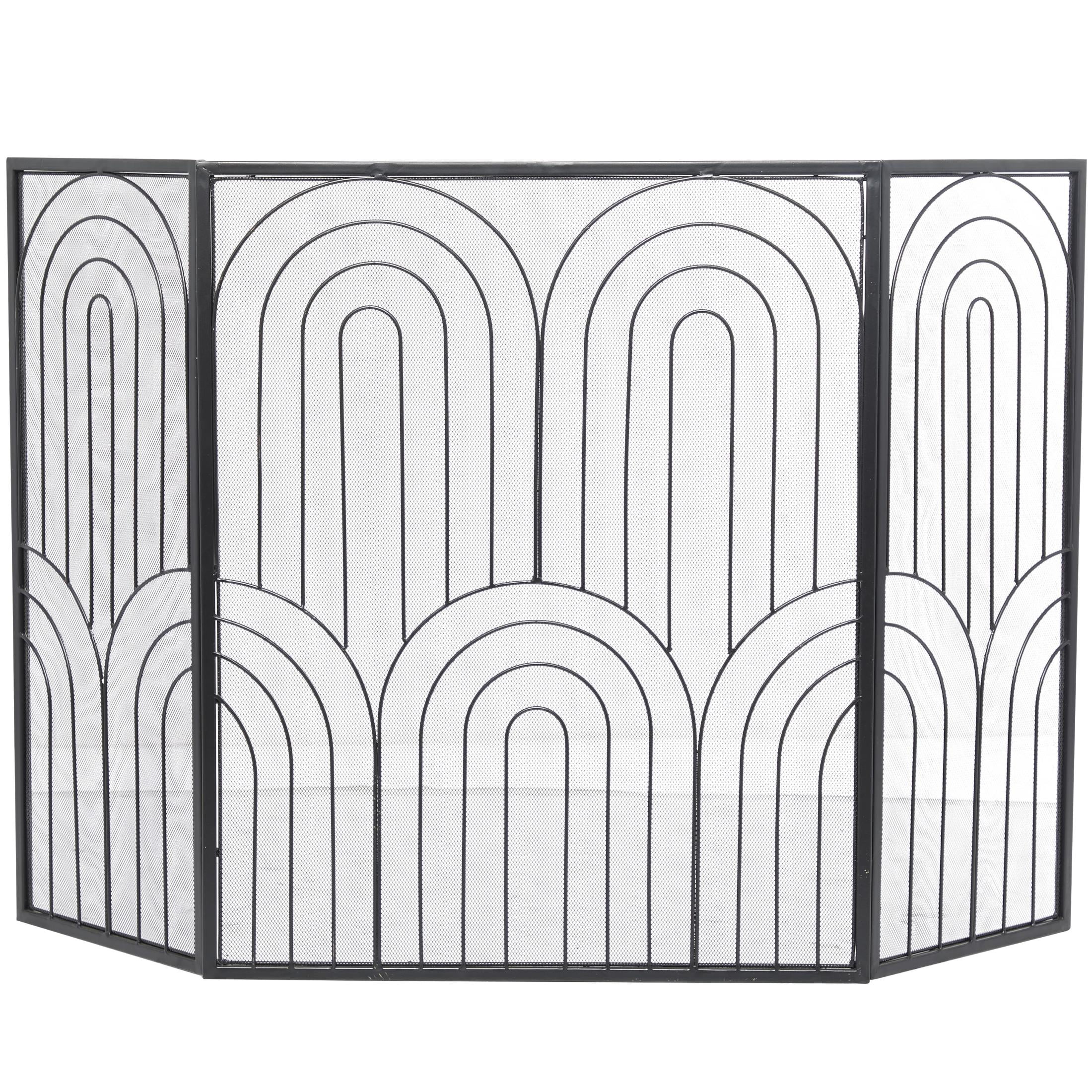 DecMode 48" x 30" Black Metal Art Deco Inspired Foldable 3 Panel Geometric Fireplace Screen with Mesh Netting, 1-Piece