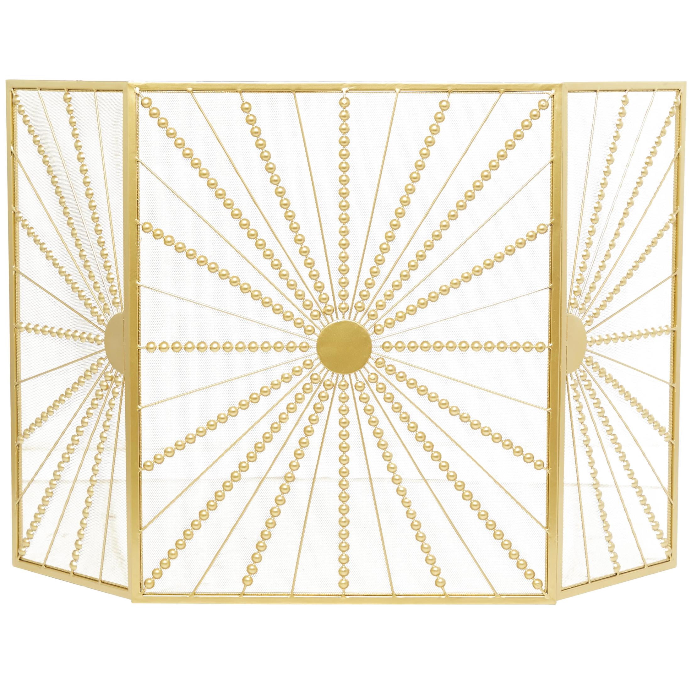 DecMode 48" x 30" Gold Metal 3 Panel Starburst Fireplace Screen with Beaded Rays, 1-Piece