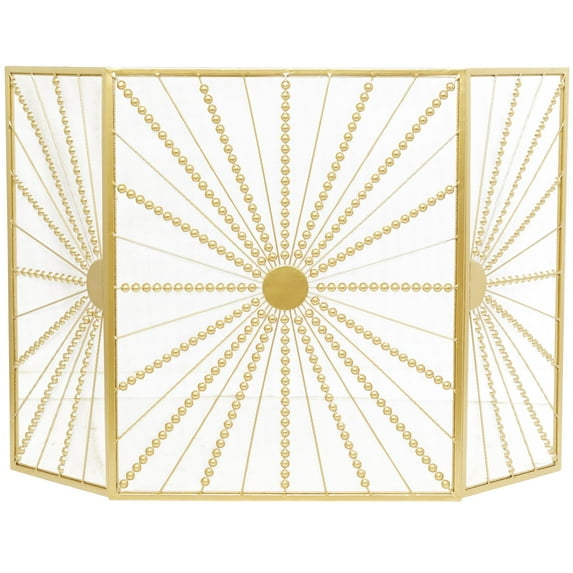 DecMode 48" x 30" Gold Metal 3 Panel Starburst Fireplace Screen with Beaded Rays, 1-Piece