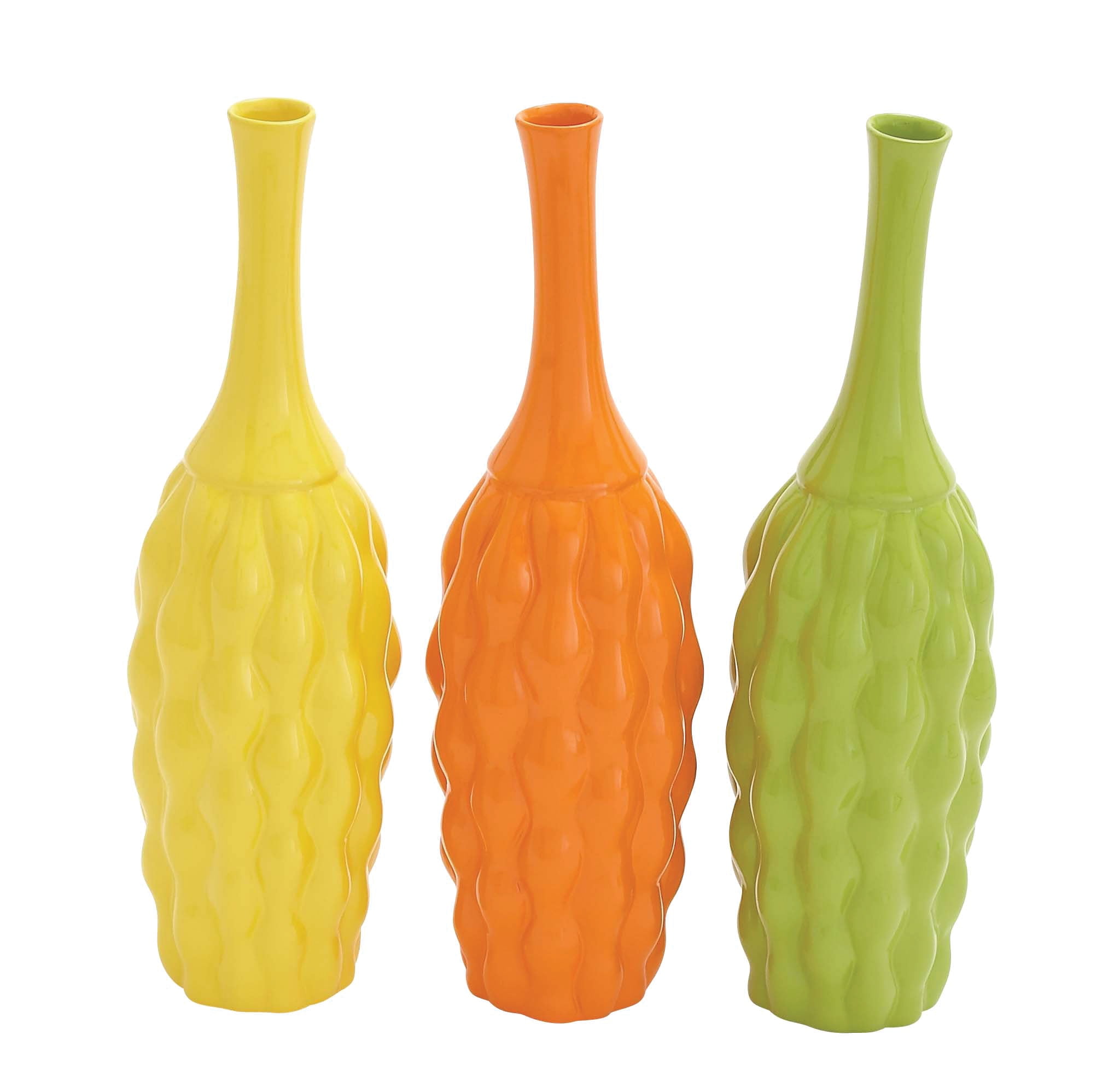 Coastal Charm 18" Trumpet Ceramic Vase Trio in Yellow, Orange, and Green