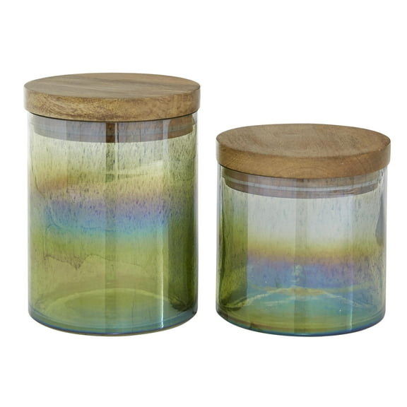 DecMode 7", 5"H Multi Colored Wood Ombre Decorative Jars with Wood Lid, 2-Pieces