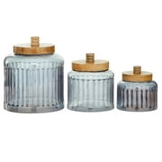 The Novogratz 8", 6", 5"H Gray Glass Decorative Jars with Wood Lids, 3-Pieces