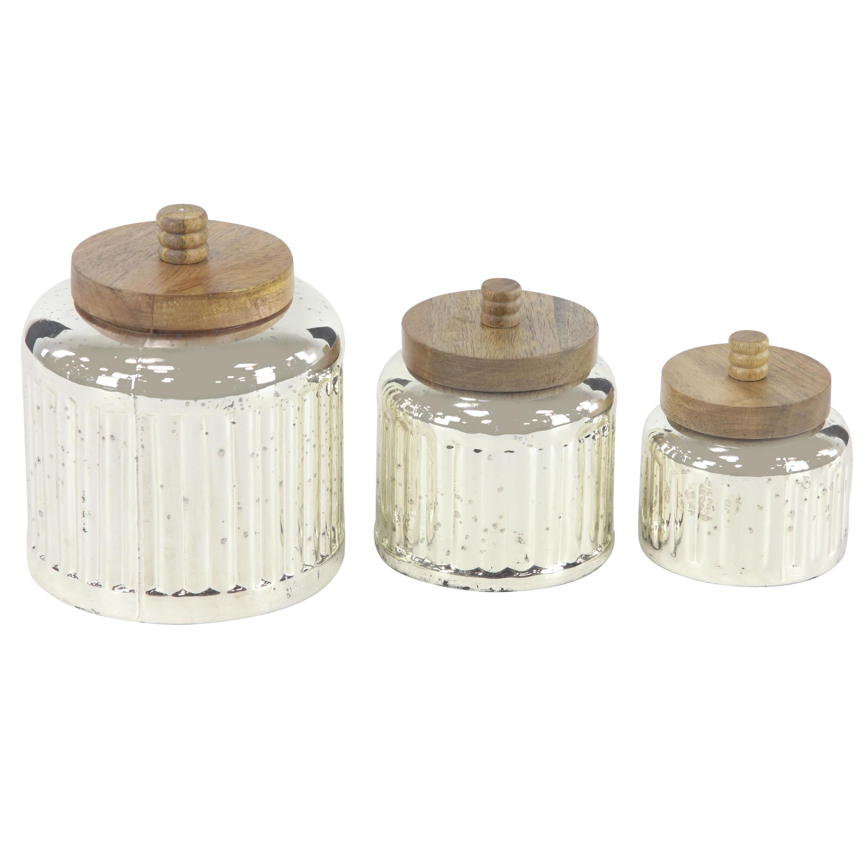 Set of 3 Silver Glass Decorative Jars with Wood Lids