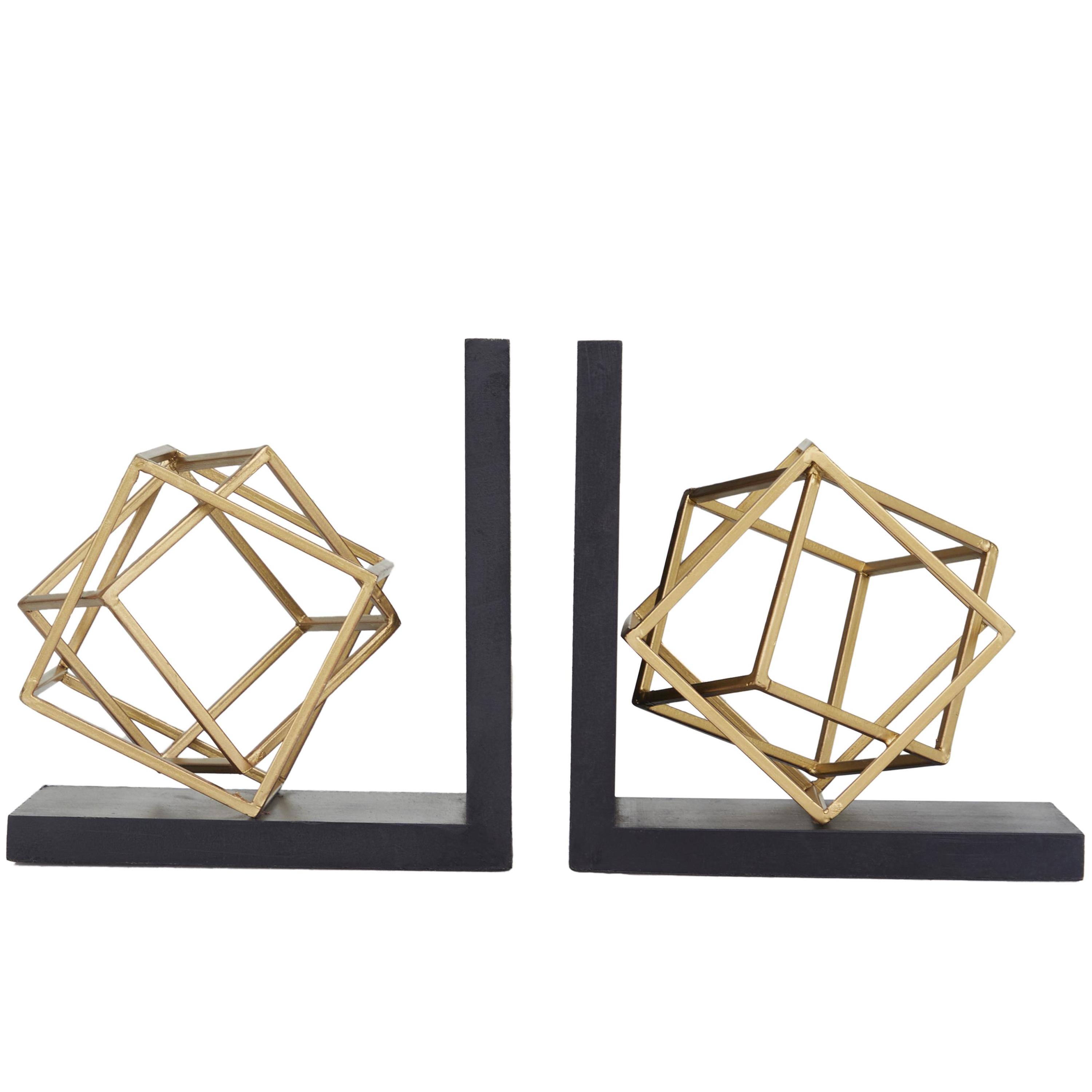 DecMode 8" Overlapping Cube Geometric Gold Stainless Steel Metal Bookends with Black Bases (Set of 2)