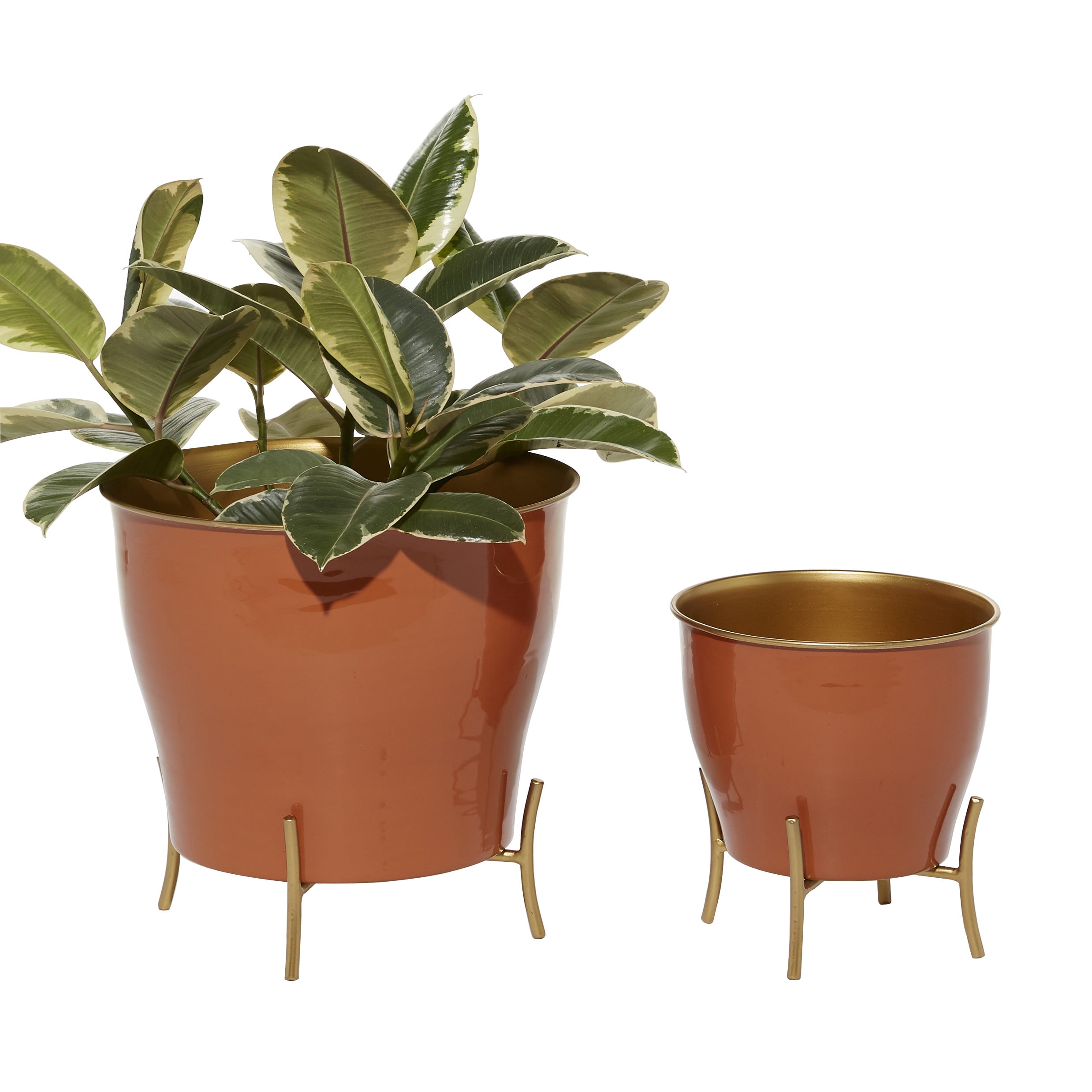 Novogratz Burnt Orange Iron Round Planters with Gold Stands, Set of 2