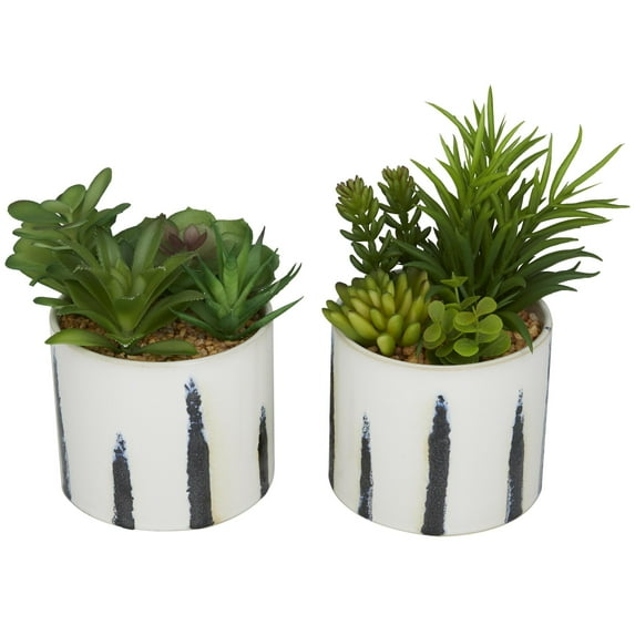 DecMode 9" Artificial Succulents Plant in Realistic Leaves and Porcelain Pot (2 Count)
