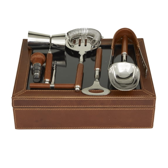 DecMode 9" x 3" Brown Leather 7 Piece Bar Tool Set with Decorative Box, 1-Piece