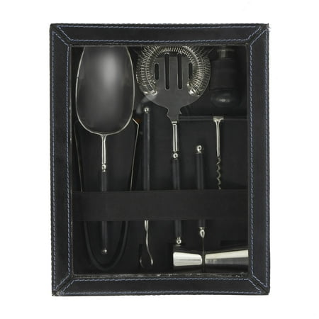 DecMode 9" x 3" Dark Blue Leather 7 Piece Bar Tool Set with Decorative Box, 1-Piece