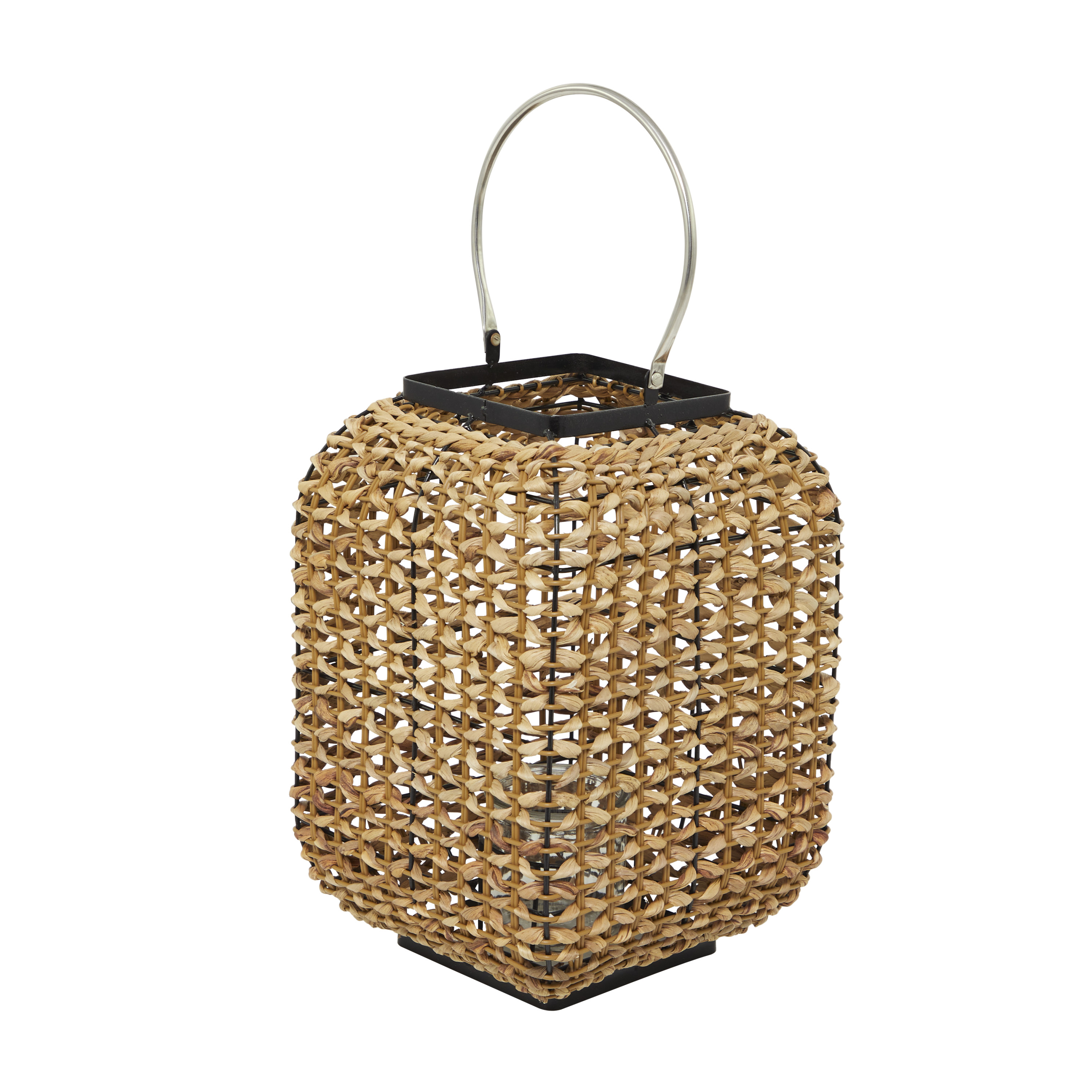 DecMode Brown Dried Plant Handmade Decorative Candle Lantern with Glass Holder and Handle