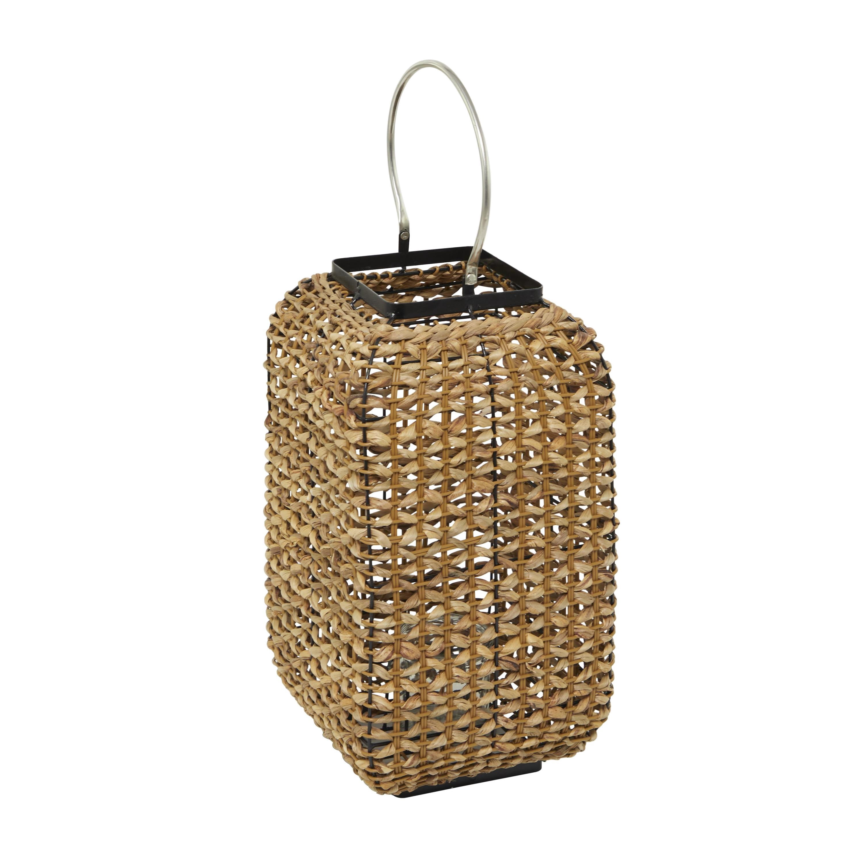DecMode Brown Dried Plant Handmade Rattan Weaved Decorative Candle Lantern with Glass Holder and Handle