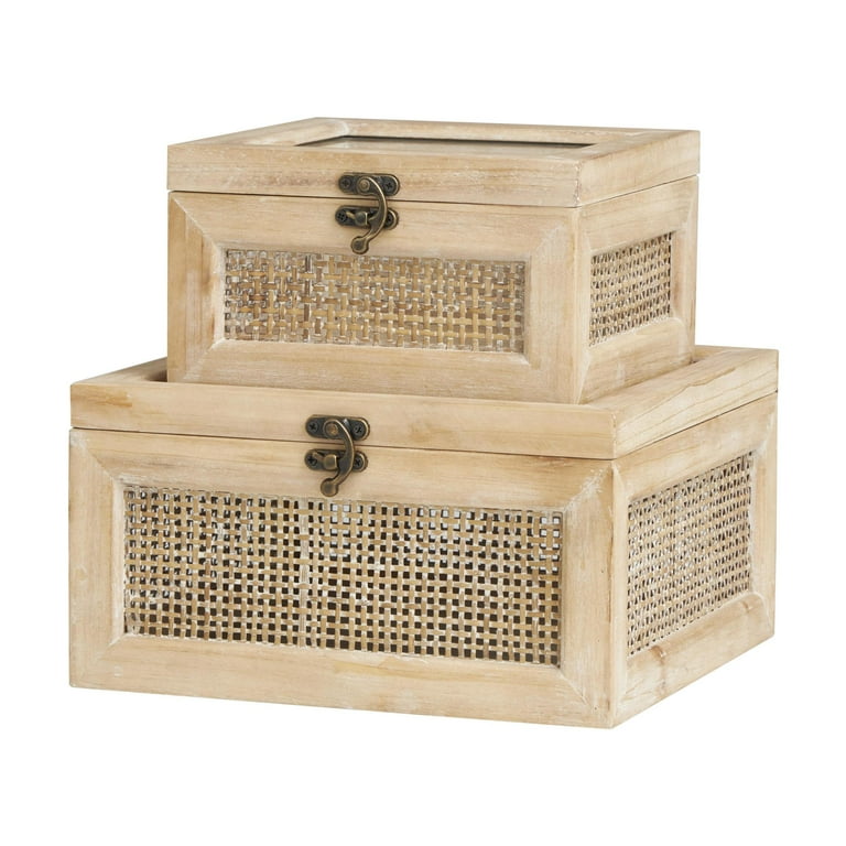 DecMode Glass Top Light Brown Wood Decorative Box with