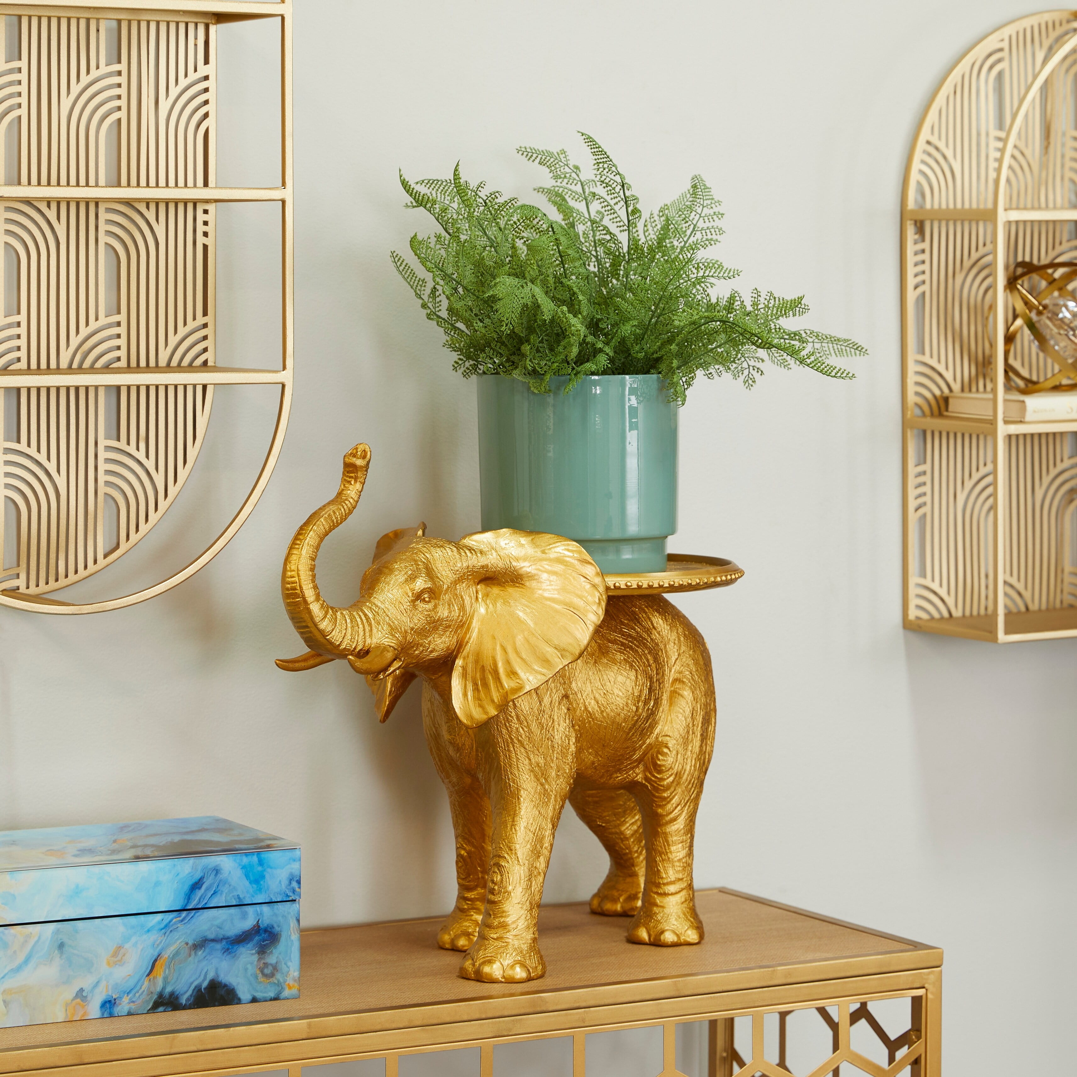 Gold Resin Elephant Sculpture with Tray Top