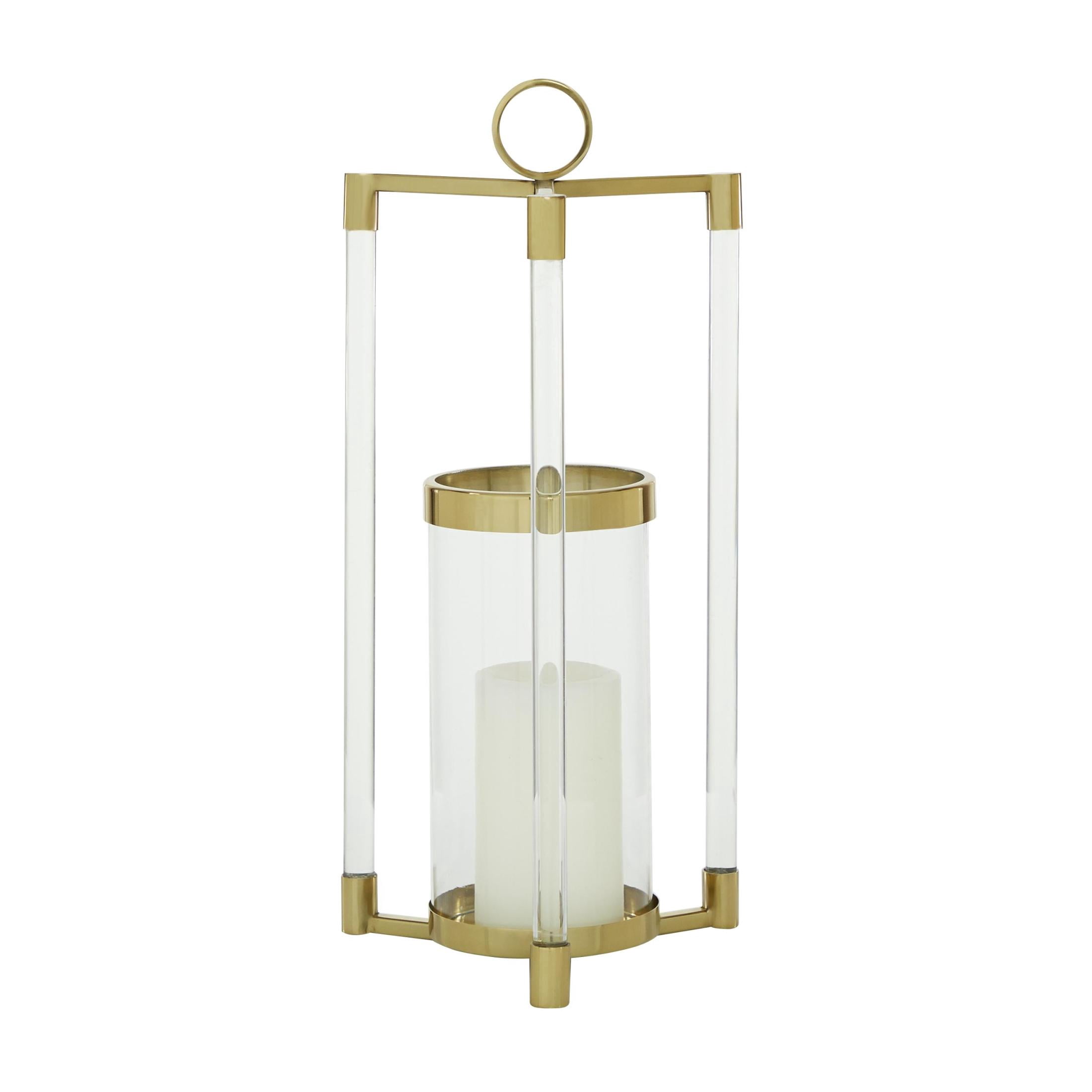 DecMode Gold Stainless Steel Metal Decorative Candle Lantern with Acrylic Accents