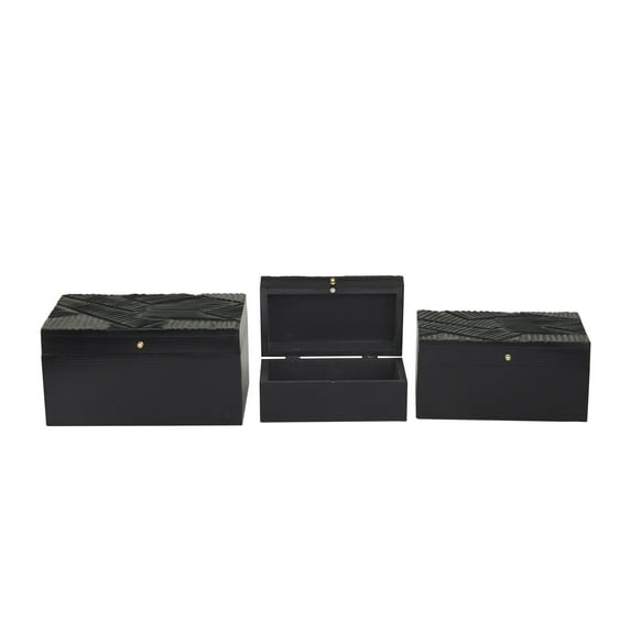 DecMode Intricate Carved Black Wood Decorative Box with Hinged Lid, 3 Count