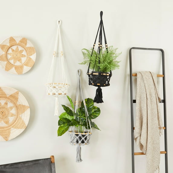 ARCILLA ELEMENTAL Multi Colored Cotton Fabric Handmade Hanging Macrame Wall Planter (Set of 3)