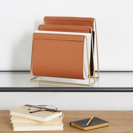 The Novogratz Orange Leather 3 Slot Magazine Holder with Gold Metal Frame