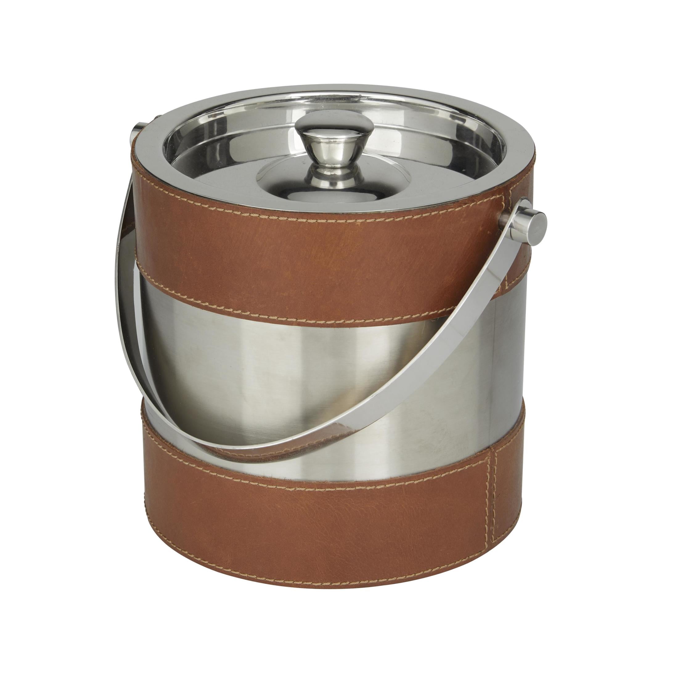 DecMode Round Leather Handmade Brown Ice Bucket with Lid