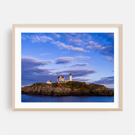 The Nubble Lighthouse - York Maine Photography Lighthouse Coast Scenic Seascape Ocean Landscape Nautical Oak Framed Wall Art Print 18 x 24 inches