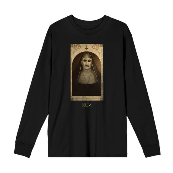 The Nun Scary Demon Face Woman Adult Black Crew Neck Long Sleeve Tee-XS