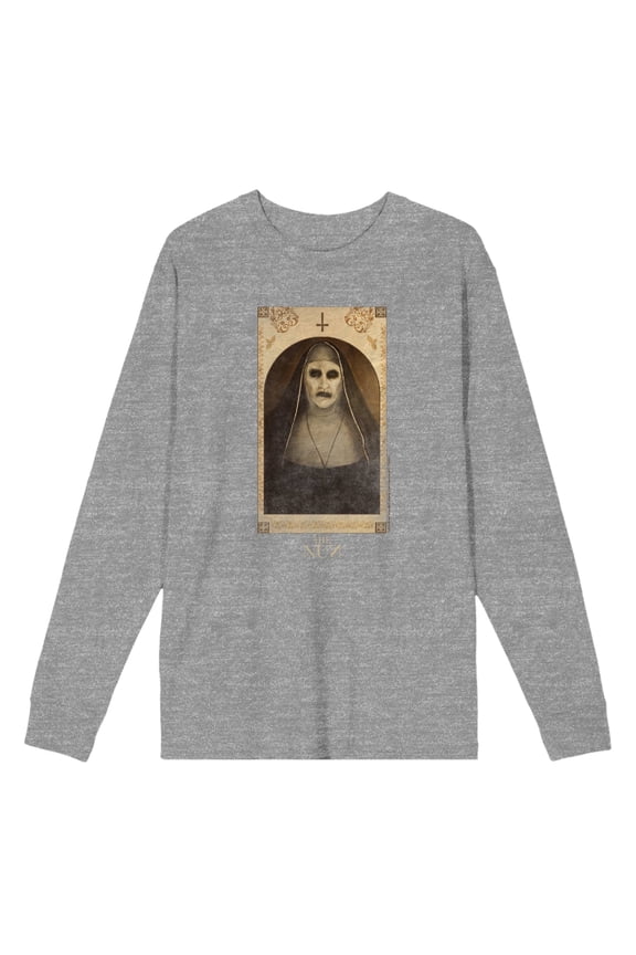 The Nun Scary Demon Face Woman Adult Heather Gray Crew Neck Long Sleeve Tee-Large