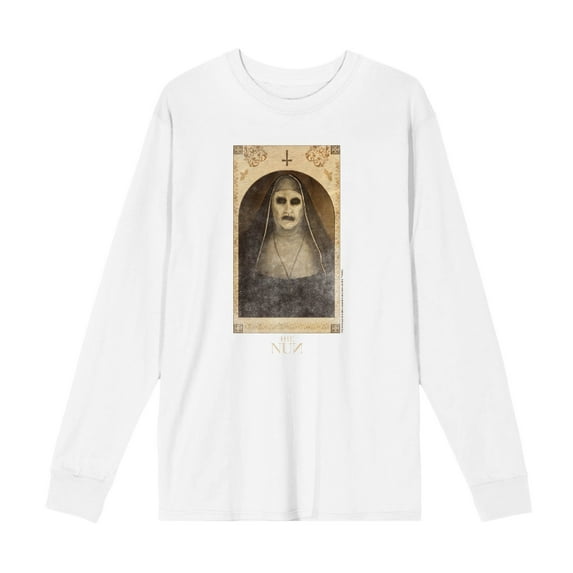 The Nun Scary Demon Face Woman Adult White Crew Neck Long Sleeve Tee-Medium