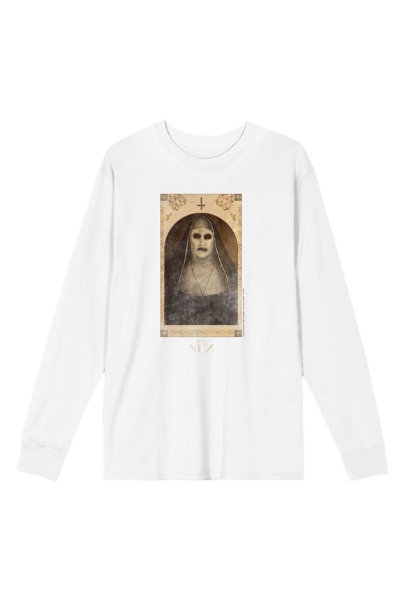 The Nun Scary Demon Face Woman Adult White Crew Neck Long Sleeve Tee-XL