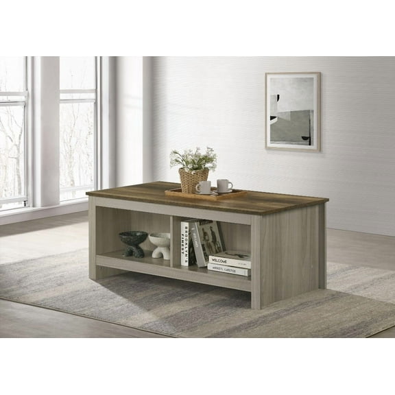 The Nyla Gray Oak Coffee Table with Open Shelves - Stylish and Functional Centerpiece