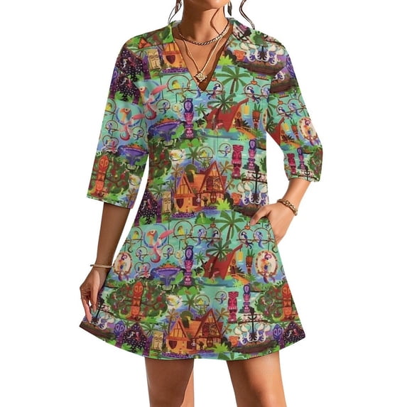 The ORIGINAL Enchanted Tiki Room Collage Womens Dress With Pockets Summer V Neck 3/4 Sleeve Dress Plus Size Loose Dress