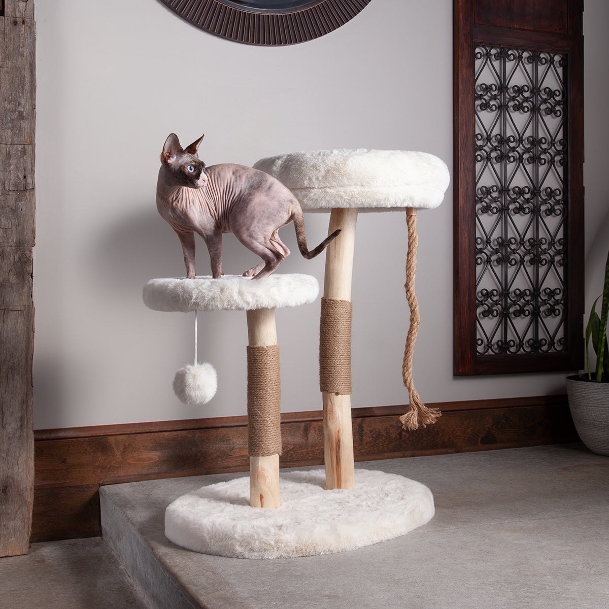 The Oasis 3-Level White Faux Fur Cat Tree with Hemp Rope