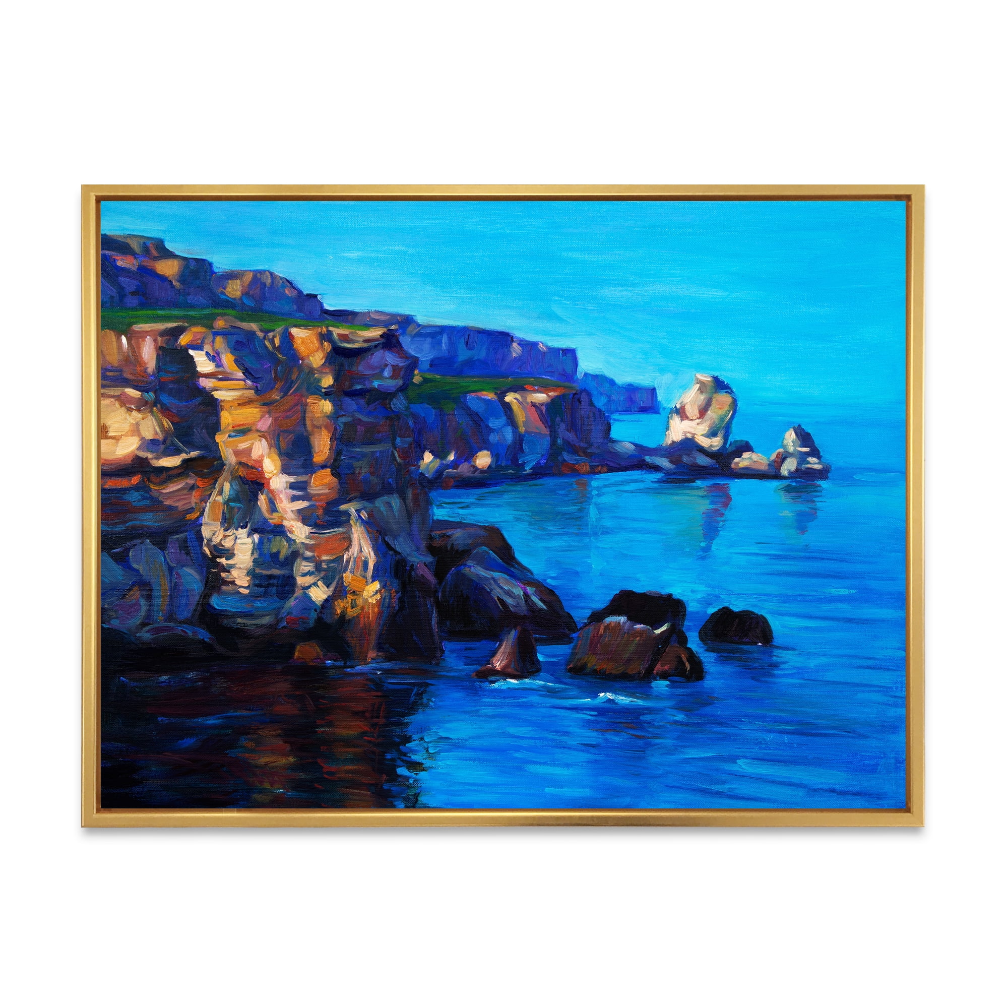 The Ocean By Cliffs In The Evening Glow 32 in x 16 in Framed Painting Canvas Art Print, by Designart