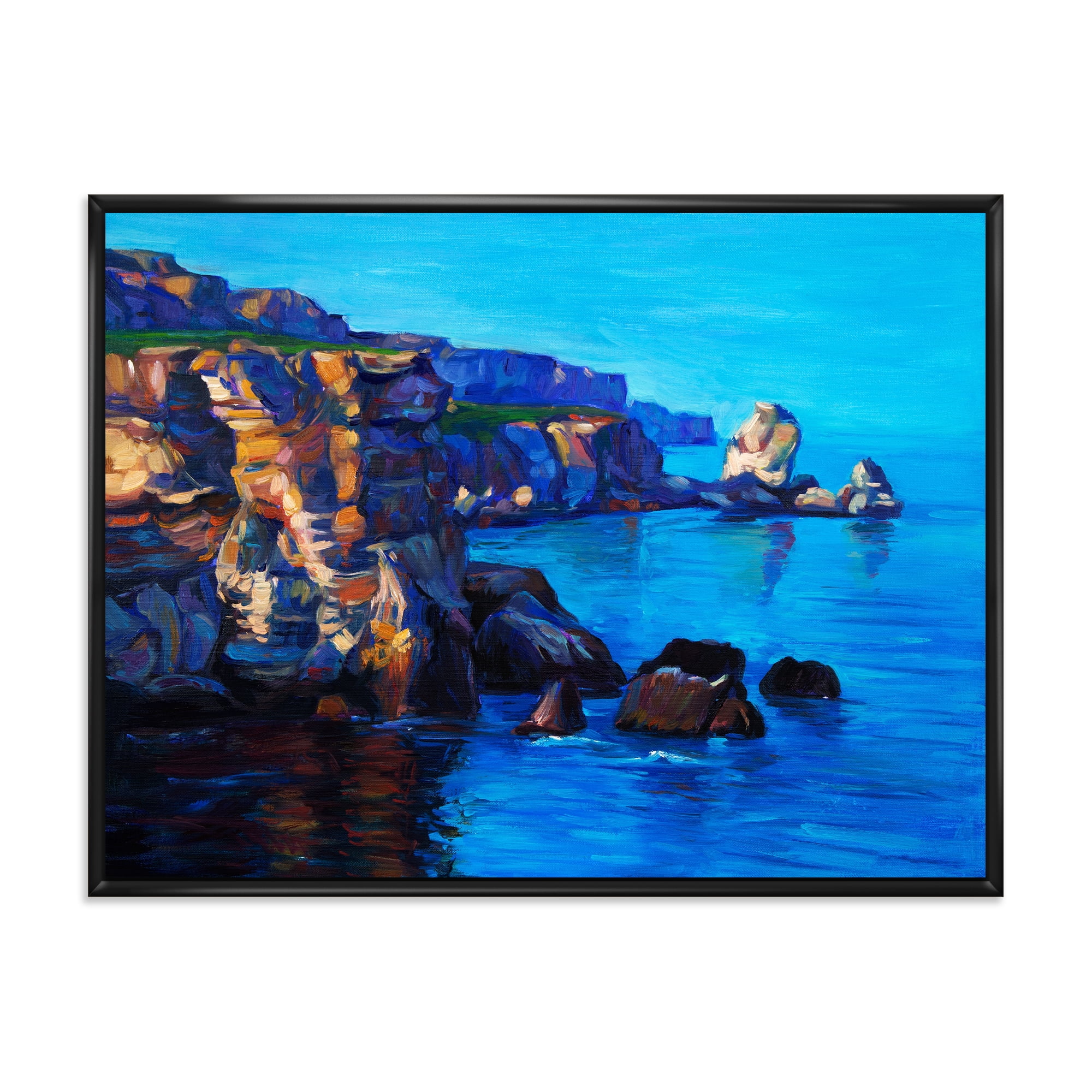 The Ocean By Cliffs In The Evening Glow 32 in x 16 in Framed Painting Canvas Art Print, by Designart