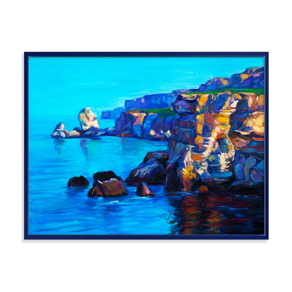 The Ocean By Cliffs In The Evening Glow 32 in x 24 in Framed Painting Canvas Art Print, by Designart