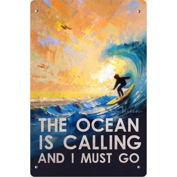 The Ocean is Calling and I Must Go Tin Signs, Surfing Surf Wall Art,Beach Metal Sign, Retro Funny Metal Sign, Gifts for Surfing Lovers, Gifts for Ocean Lovers 5.5x8 Inches