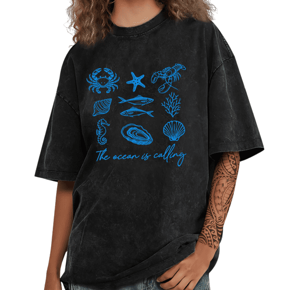 The Ocean Is Calling Blue Sea Creature Shell Graphic Tees T-shirt Nautical Beach Tops Cozy Short Sleeve Black S-2XL Plus Size