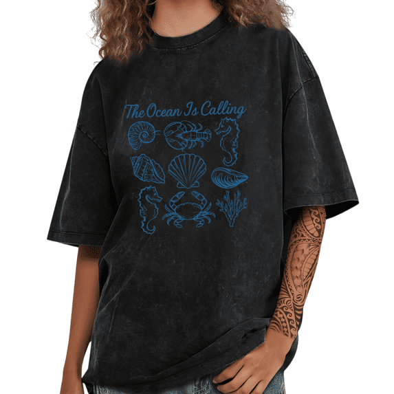 The Ocean Is Calling Nautical Sea Creature Shell Graphic Tees T-shirt Tops Comfortable Short Sleeve Black S-2XL Plus Size